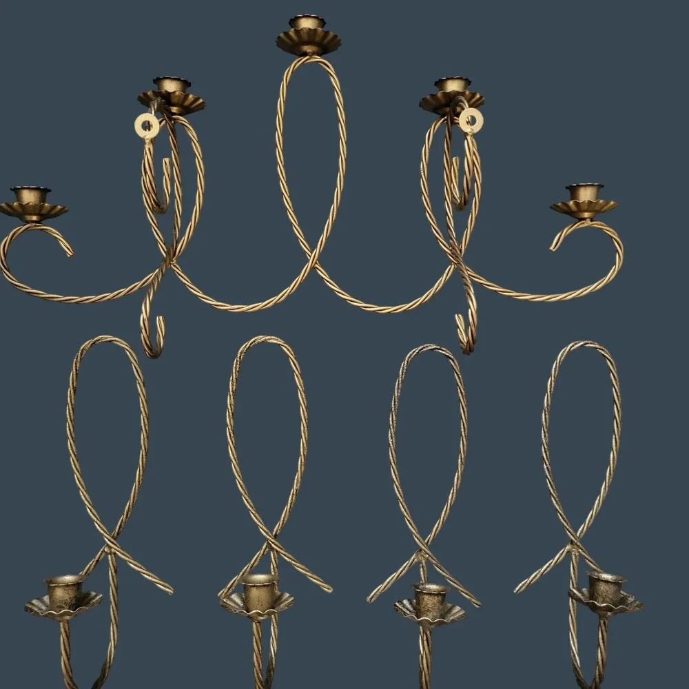 Vintage MCM Wall Candle Holder & Sconce Set Gold Tone Gilt Metal Rope Twisted